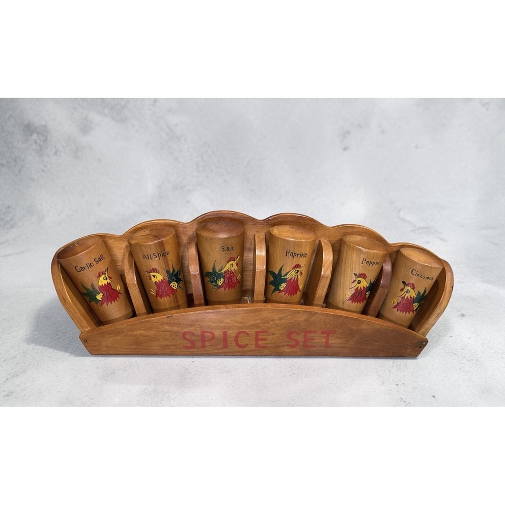 Vintage Wooden Spice Rack Rooster 6 Spice Containers Decor